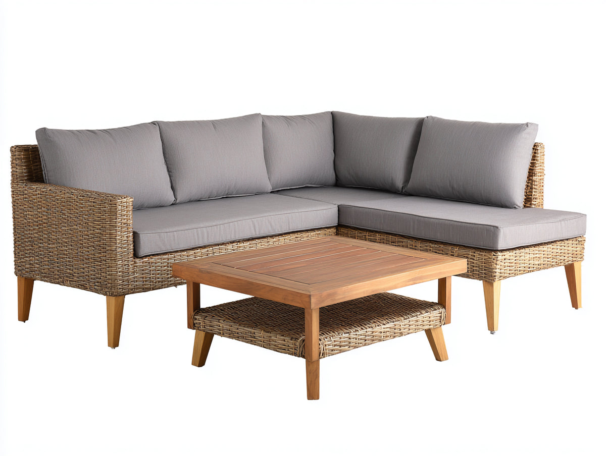 Divani da esterno - Rattan sintetico-Tessuto-Legno - 265x205x80 cm - Naturale-Grigio tortora-Marrone - Naturale contemporaneo