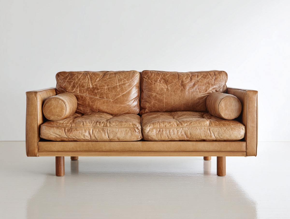 Divano a due posti - pelle-legno - 176x92x82 cm - marrone cuoio chiaro - stile moderno di metà secolo