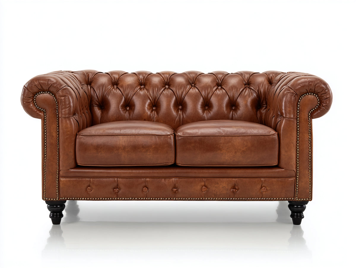 Divano a due posti - pelle-legno-metallo - 168x90x79 cm - marrone cuoio - stile Chesterfield classico