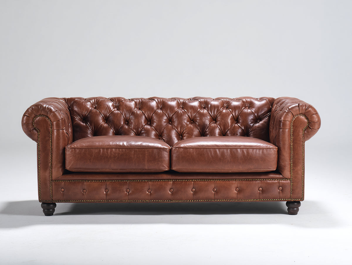 Divano a due posti - pelle-legno - 180x92x78 cm - marrone cuoio - stile Chesterfield