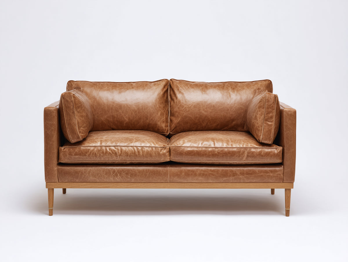 Divano a due posti - pelle-legno - 176x91x84 cm - marrone caramello - stile moderno