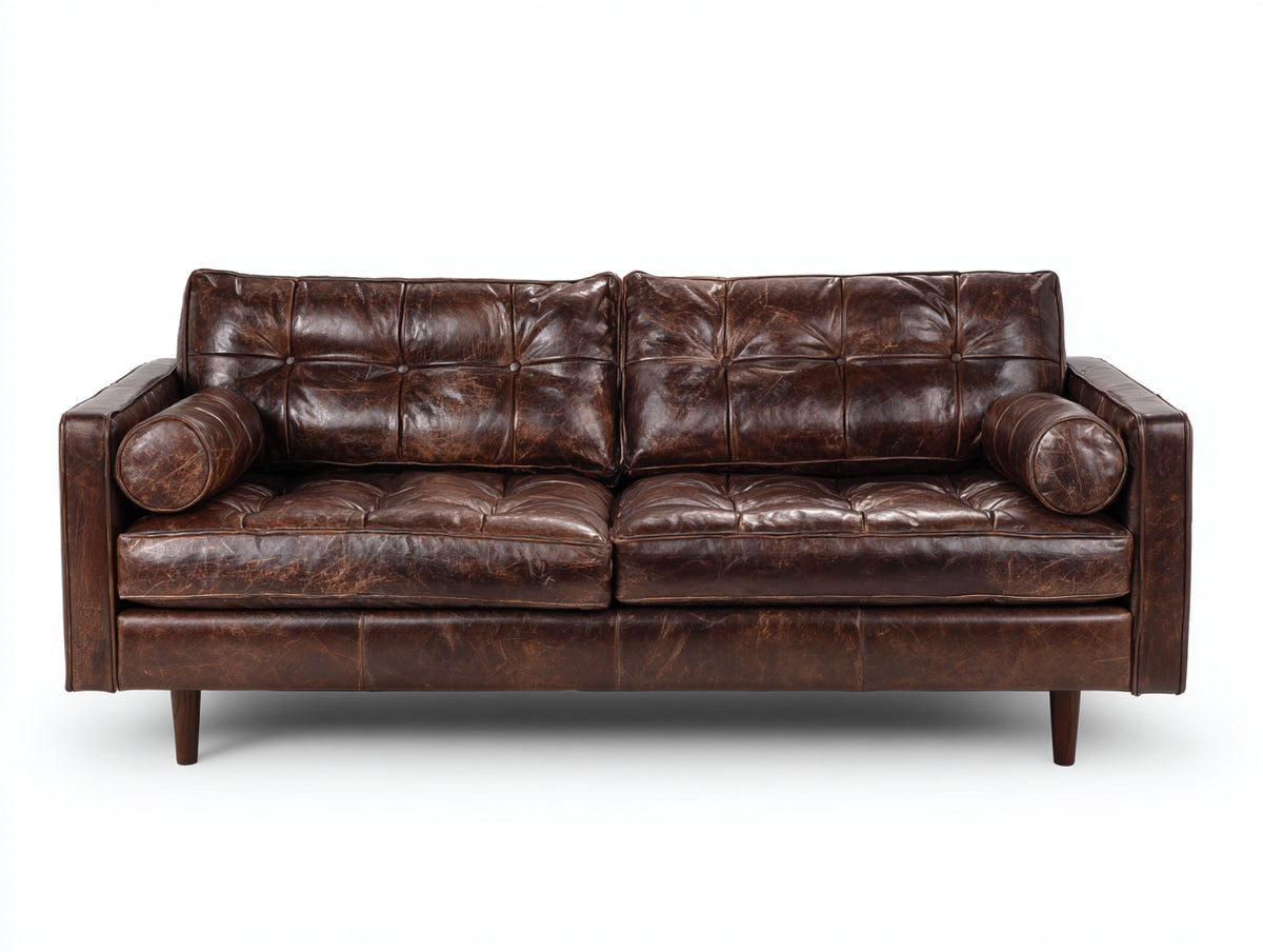 Divano a due posti - pelle-legno - 179x91x84 cm - marrone cioccolato - stile vintage moderno