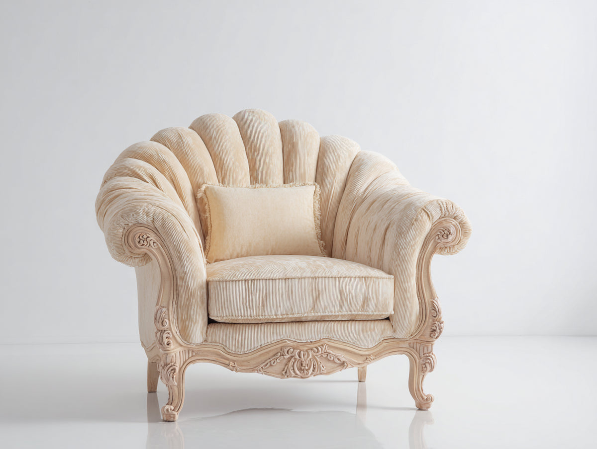 Poltrona - Tessuto - Legno - 112x98x108 cm - Beige crema - Stile classico barocco