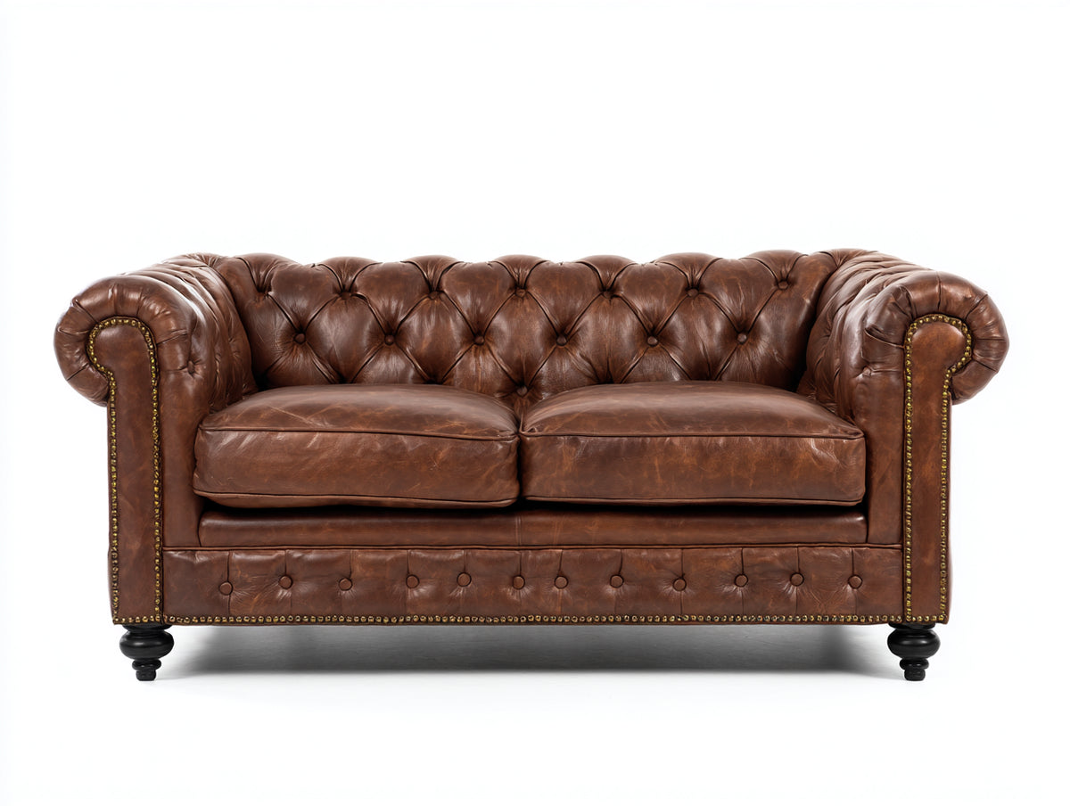Divano a due posti - pelle-legno-metallo - 171x92x80 cm - marrone castagna - stile Chesterfield tradizionale