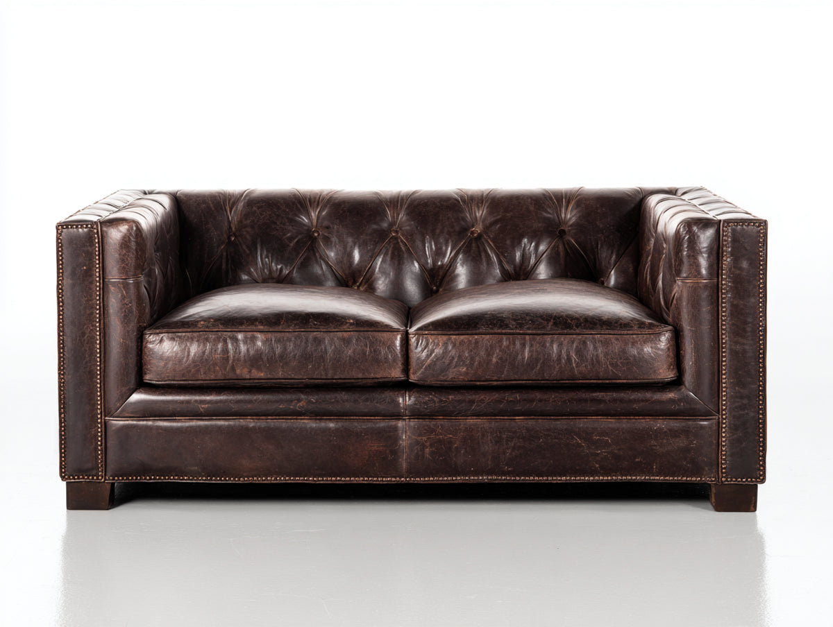 Divano a due posti - pelle-legno - 170x91x79 cm - marrone testa di moro - stile classico moderno
