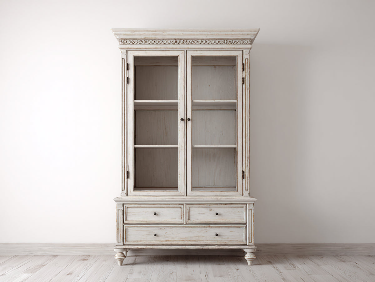 Librerie - Legno-vetro-metallo - 105 x 45 x 195 cm - Bianco crema - Stile vintage