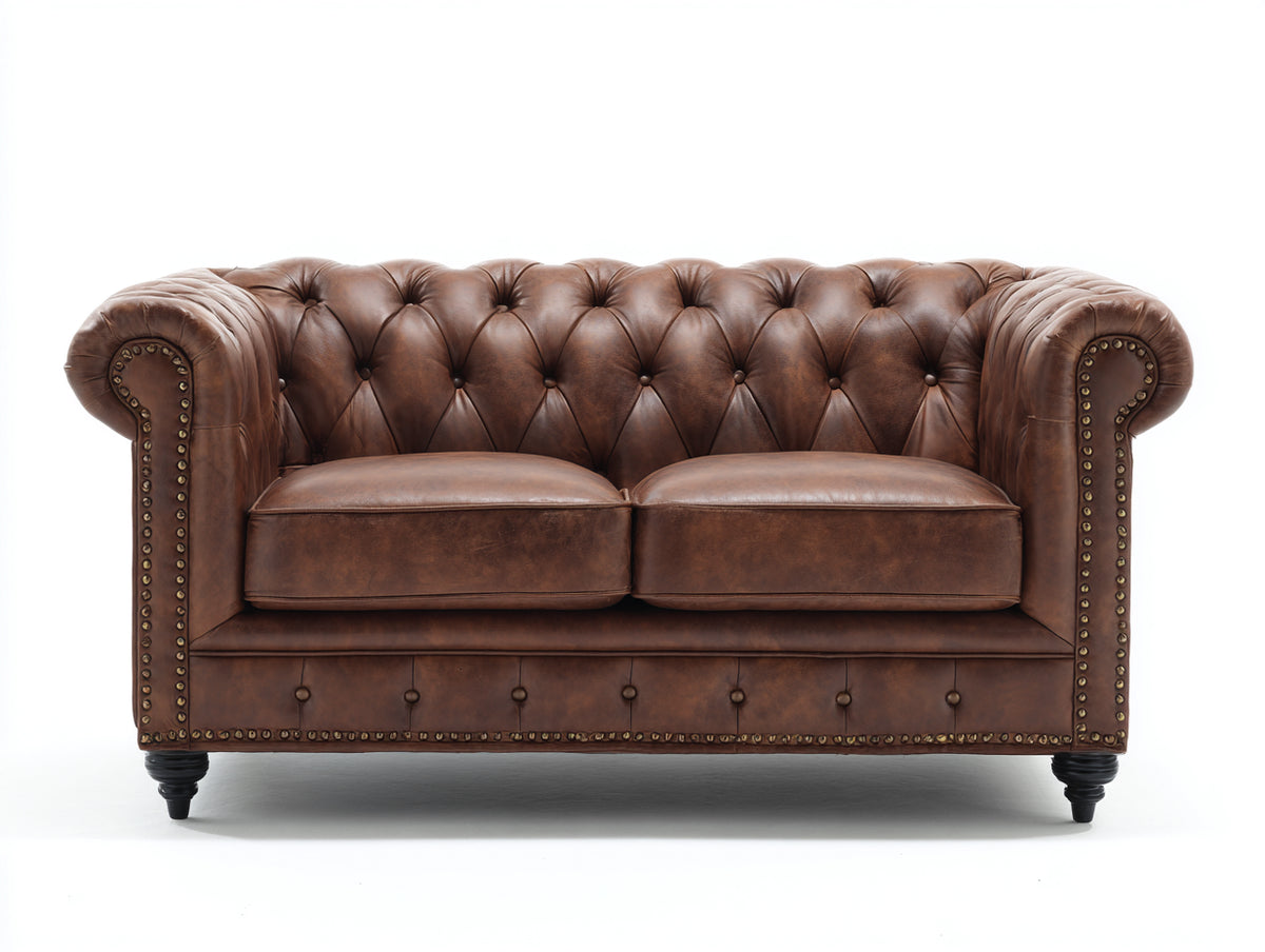 Divano a due posti - pelle-legno-metallo - 169x91x80 cm - marrone tabacco - stile Chesterfield