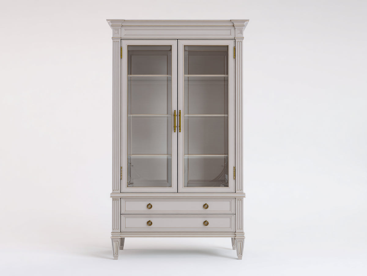 Librerie - Legno-Vetro-Metallo - 107x42x191 cm - Bianco-Trasparente-Oro - Stile classico con cornici decorative