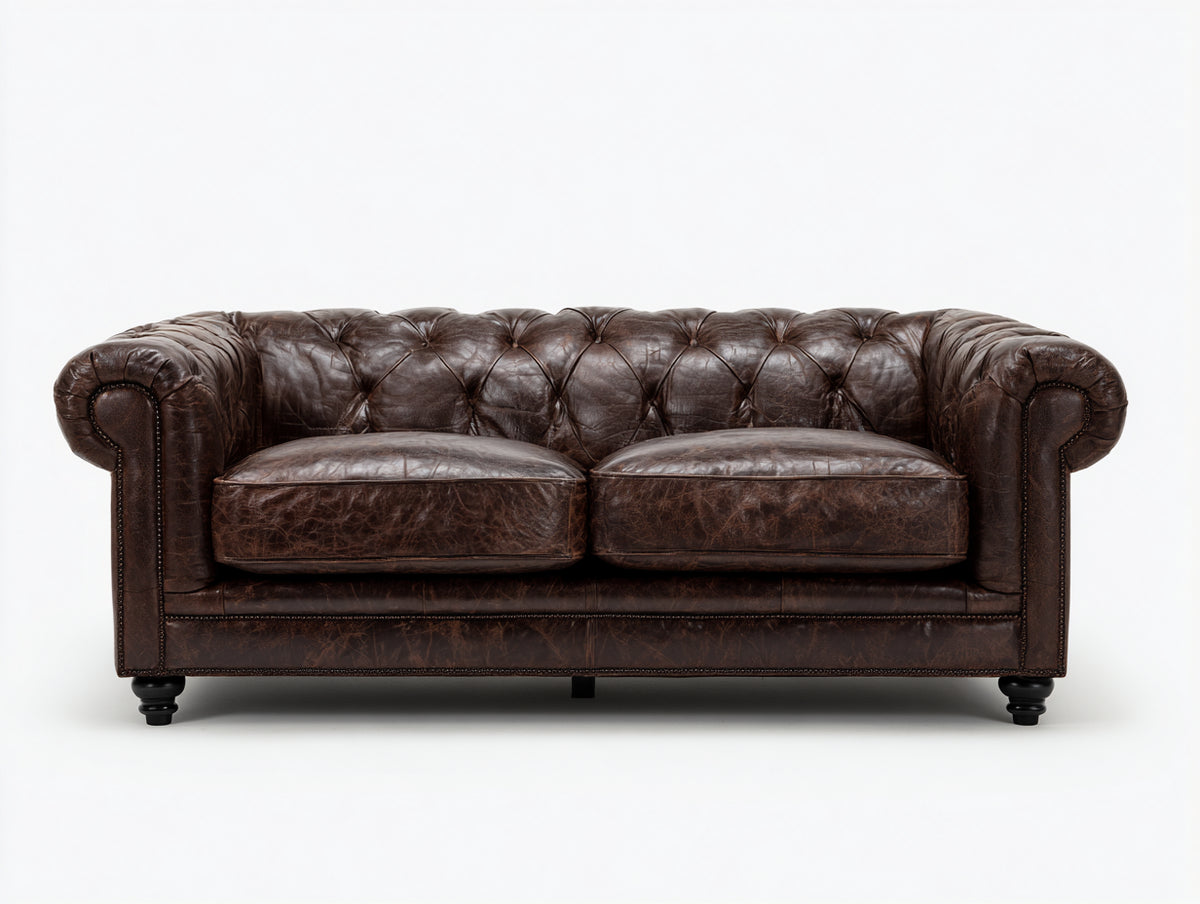 Divano a due posti - pelle-legno-metallo - 176x93x79 cm - marrone espresso - stile Chesterfield vintage