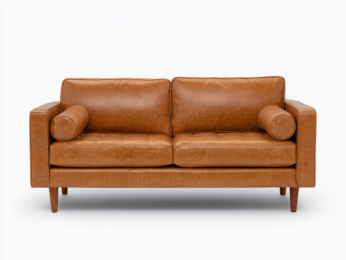 Divano a due posti - pelle-legno - 175x90x83 cm - marrone cognac - stile moderno
