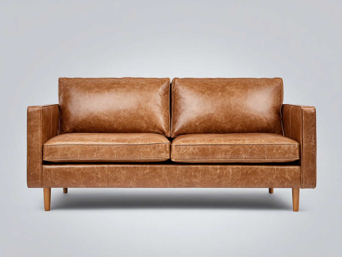 Divano a due posti - pelle-legno - 180x88x84 cm - marrone cognac - stile moderno di metà secolo