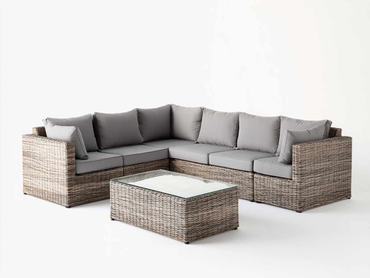 Divani da esterno - Rattan sintetico-Tessuto-Vetro - 295x220x77 cm - Marrone tortora-Grigio-Trasparente - Moderno