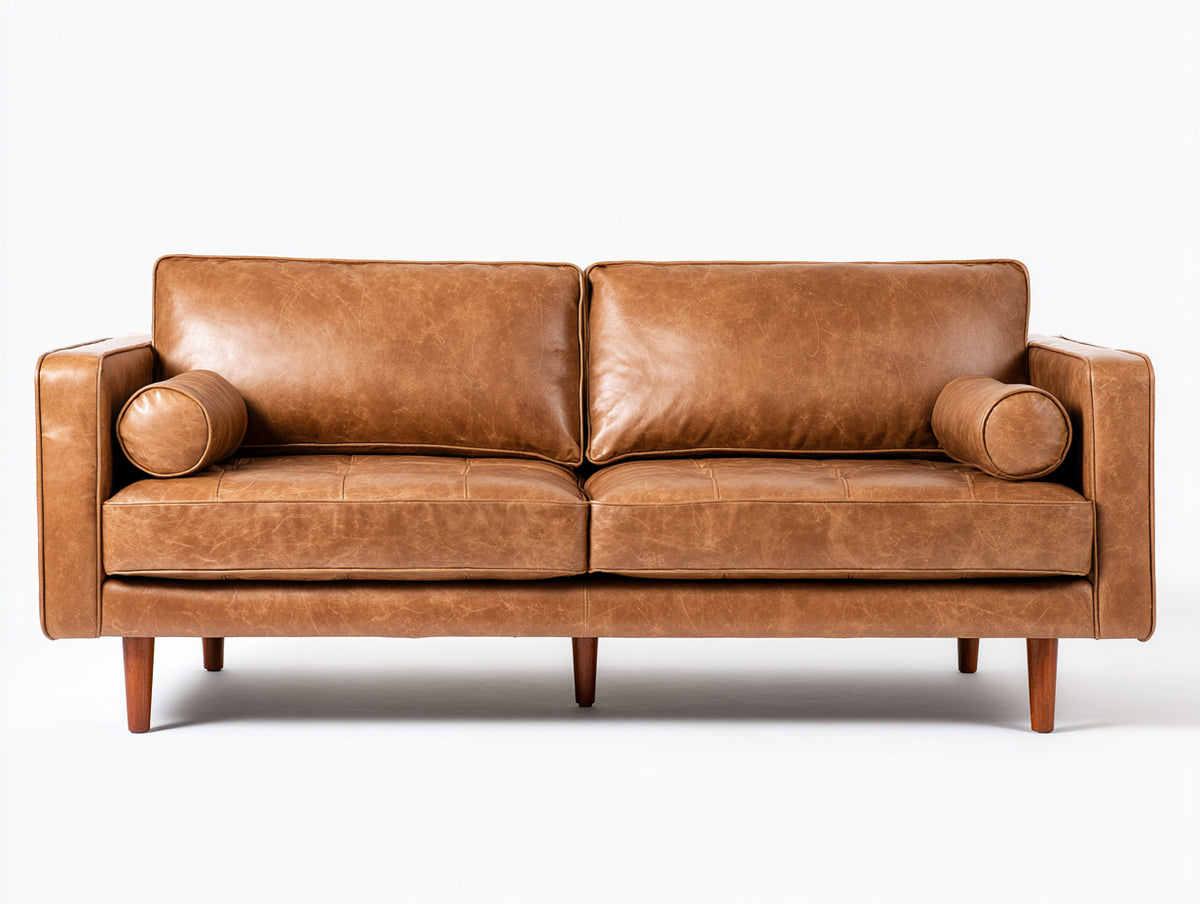Divano a due posti - pelle-legno - 177x89x82 cm - marrone caramello chiaro - stile moderno di metà secolo