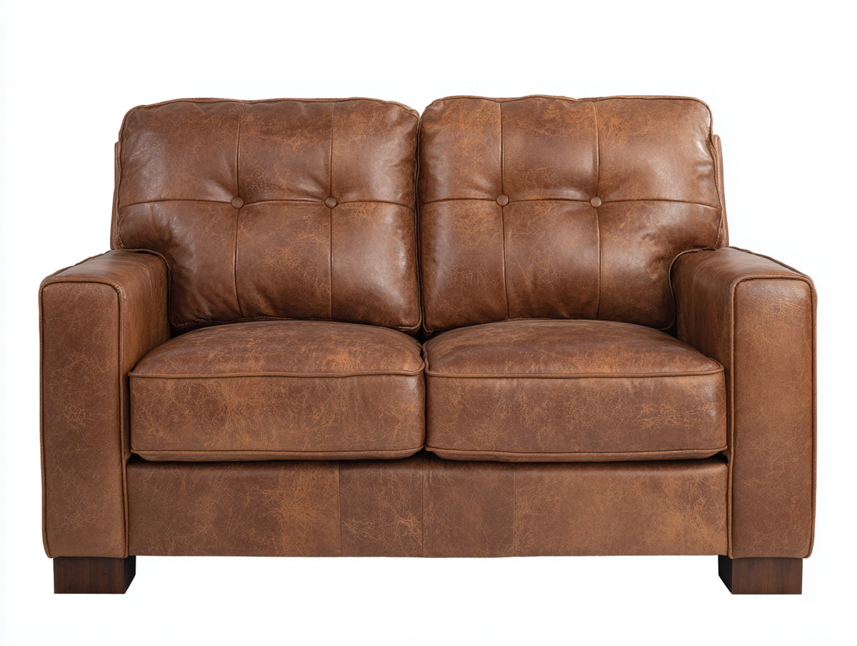 Divano a due posti - pelle-legno - 162x89x88 cm - marrone cognac - stile moderno
