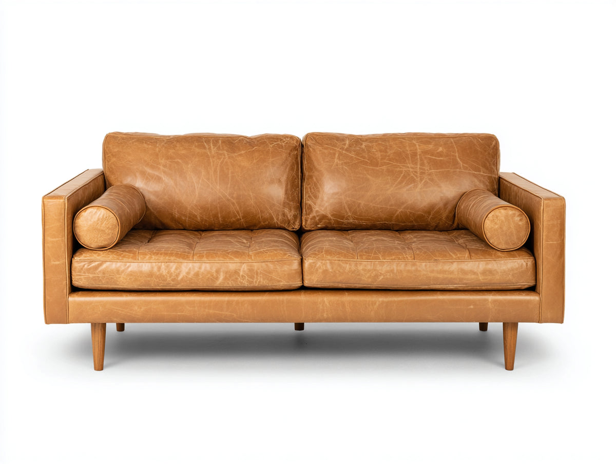 Divano a due posti - pelle-legno - 178x90x83 cm - marrone miele - stile moderno di metà secolo