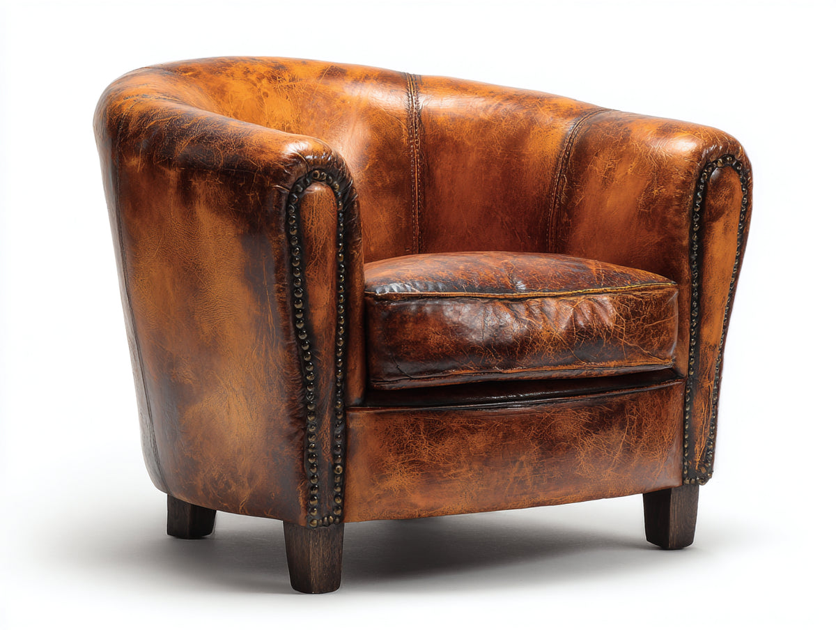 Poltrona - Pelle - Legno - Metallo - 90x84x80 cm - Marrone cognac-Nero - Stile club vintage